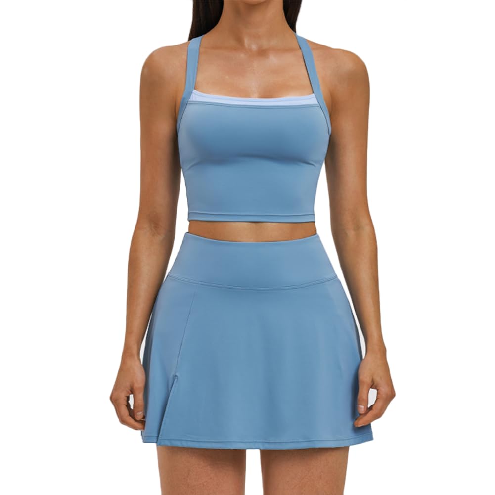 XYFfybhsd Women Yoga Tennis 2-Piece Quick Dry Breathable Tennis Skirt Set (Size:M,Color:Blue)