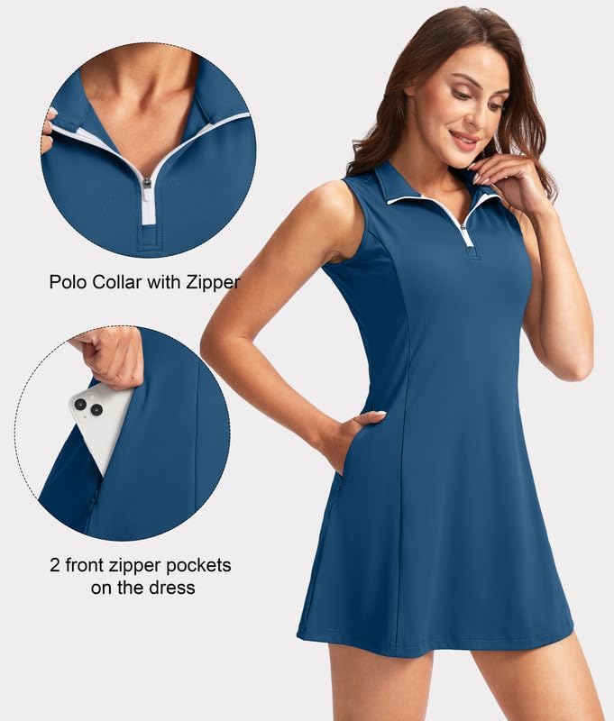 Viodia Women's Tennis Golf Dress with Shorts Active Exercise Workout Sports Athletic Dresses for Women with Zipper Pockets - Image 3