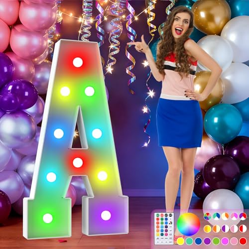 Image of 4FT Colorful Marquee Letters,18-Color Letter A with Remote Control Large Light Up Numbers Sign,Pre-Cut Foam Board Set for Party Decoration, Birthdays, Weddings, Graduations, Baby Anniversaries
