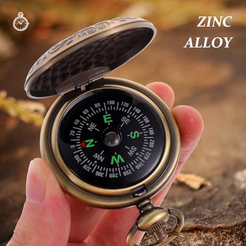 Brújula de bolsillo metálica vintage con cadena para camping miniatura 6