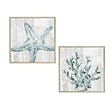Bleu, beige et naturel Lot de 2 tableaux sur toile marine avec cadre en bois naturel en bleu, beige et naturel 24 x 24 x 1,9 cm