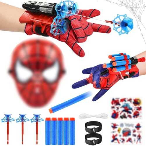 JIASHA Lot de 2 Gant de Lanceur Spiderm, Spiderm Launcher avec Masque et Autocollants Jouets de Poignet Lanceur de héros Spiderm Launcher Spiderm Gant de Cosplay en Plastique pour Enfants (D)