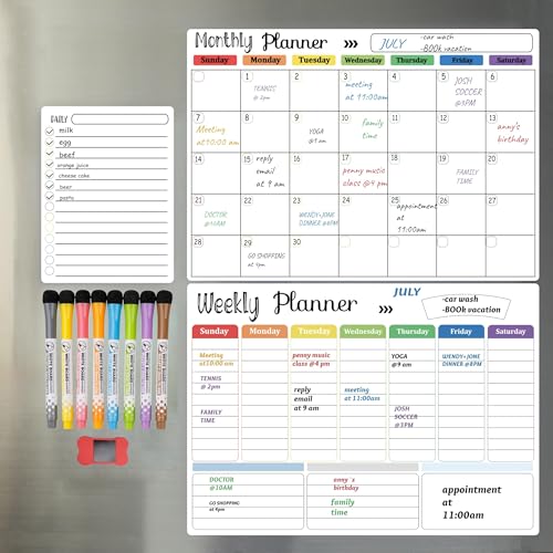 Hivillexun 3-Pack Magnetic Dry Erase Calendar Whiteboard Set for Fridge Wall & Refrigerator Organisation Monthly Weekly & Daily Planners Includes 8 Markers & Eraser