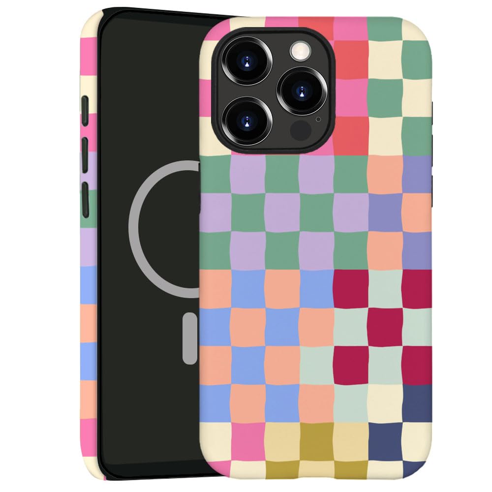 kiritfox Magnetic Case for iPhone 15 Pro Max,Hybrid 2-Layer Hard Shell,Shockproof for Girl Women [Compatible with MagSafe] - Mixed Color Checkerboard