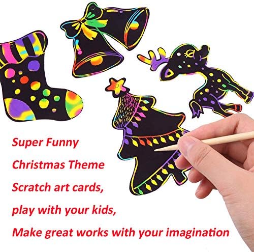 FINGOOO 48 pieces Christmas Scratch Art Cards, Hanging Decorations Christmas Crafts doodle game For Kids