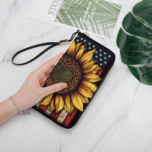 Yellow Sunflower with An American Flag PU Leather Clutch Long Bifold Wallet, Coin Purse Credit Pass Case, Durable Card-Holder Money Storage for Women Men4