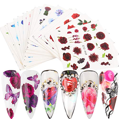 Butterfly Nail Art Sticker Decals Butterfly Flower Design Water Transfer Stickers 24 Sheets Retro Roses Flowers Nail Sticker for Women Trendy Nail Art Manicure Nail Supplies