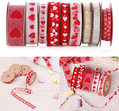 ANCLLO 6 Rolls Valentine's Day Ribbons Printed Heart Ribbons Craft Satin Ribbons for Gift Wrapping DIY Supplies - Image 2