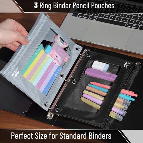Image of Mr. Pen- Pencil Pouch for 3 Ring Binder, 2 Pack, 10 inchx6.75 inch, Smooth Zipper | Clear Window, Large Capacity Pencil Case with 3 Reinforced Grommets for School, Office, Supplies Storage | Clear Window, Large Capacity Pencil Case with 3 Reinforced Grommets for School, Office, Supplies Storage