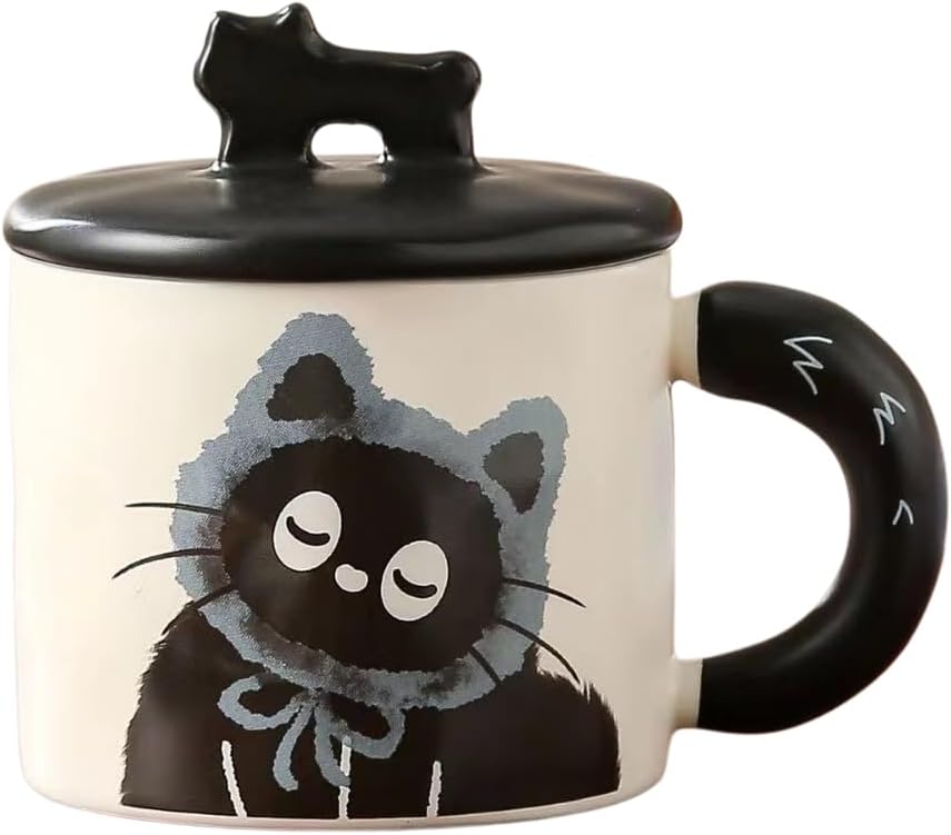 Super Cute Black Cat Coffee Mug, Creative Funny Novelty Lovely Kawai Wearing Scarf Happy Tea Cup+ Kitty lid, Lover Couple Best Friend Friendship Valentine Water Cup, Cat Lover Gift -Blue