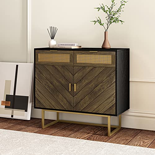Hulala Home Modern Storage Cabinet With Metal Legs, Farmhouse Accent Cabinet With Drawers & Adjustable Shelves, Wood Sideboard Cabinet For Living Room Bedroom Kitchen Hallway, Black #TOP29