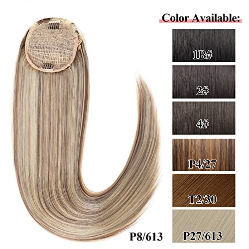 Fashion Icon Long Blonde Ponytail Extensions Drawstring Straight Clip In Hair Extension Ponytail For Women 30Inch Synthetic Hairpiece(#P8/613, Piano Light Brown And Platinum Blonde 6.7Oz) #TOP6