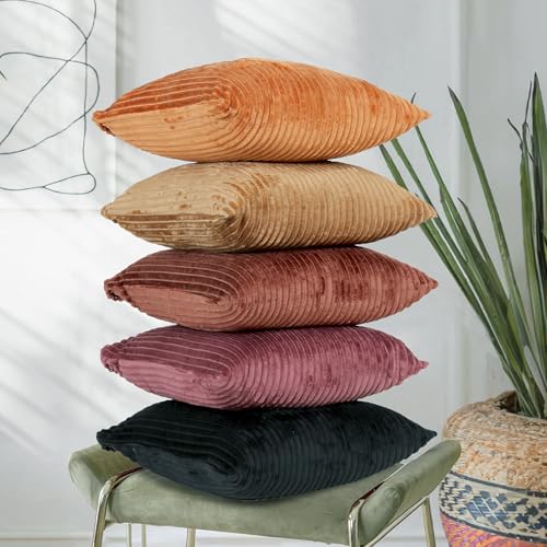 Image of RD TREND Cushion Cover Set of 5, Decorative Sofa Living Room Home Square Cushion Covers 24 Inch x 24 Inch, Aesthetic Corduroy Striped Double Sided (Multicolor-3, Pack of 5)