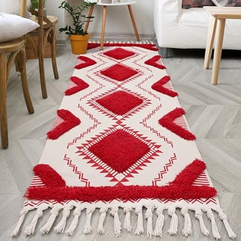 Keeko 2x6 Bedroom Runner Rug, Red Cotton Geometric Woven Long Rug Kitchen Mat Moroccan Western Tassel Bedside Rug Farmhouse Rug, Non Slip Washable Living Room Rug Hallway Rug for Room Cover