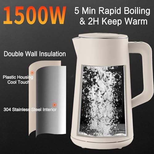 Image of 1.5L Electric Kettle Temperature Control, Cream White | Double Wall Cool Touch Teapot, Fast Boil, 5 Temperature Control, LED Display, Auto Shut-Off & Keep Warm
