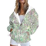 Saymany Teddyfleece Jacke Damen Casual Pullover Sweatshirt Hoodie Drucken Sportjacke Bench Fleecejacke Kapuzenpullover Blumenmuster Sweatjacke Lang (A Green,M)