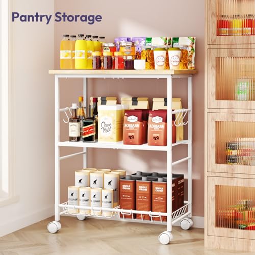 SWTYMIKI Rolling Kitchen Microwave Cart - 3 Tier Microwave Table Stand with Storage Basket and Hooks, Kitchen Utility Cart on Wheels, Coffee Cart Shelf Rack Organizer for Living Room Office, Balcony by SWTYMIKI - Image 5