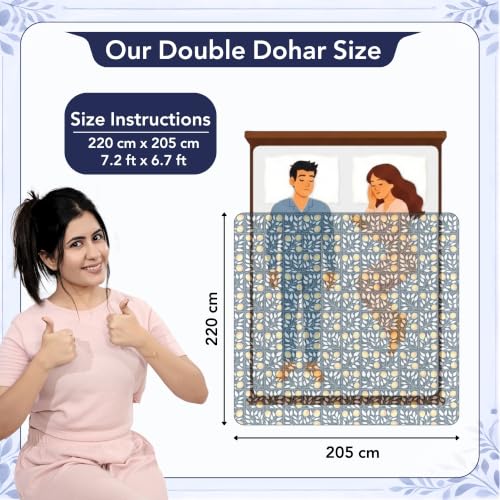 Image of Divine Casa Glace Cotton Double Bed Dohar | 120 GSM Lightweight AC Blanket | Reversible Printed Summer Quilt | 220 x 205 CM, Navy Blue & Mustard Yellow