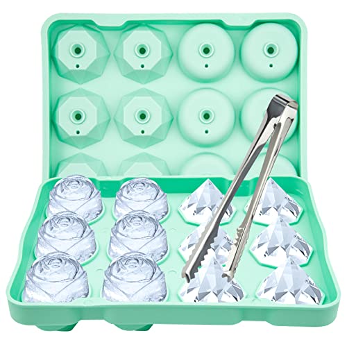 Beautychen 3D Rose Ice Cube Mold And Diamond Ice Mold Silicone Large Ice Ball Maker Make 6 Cute Flower And 6 Diamond Shape Ice Rubber Fun Big Ice Ball Maker For Whiskey, Cocktails And Homemade (Green) #TOP25