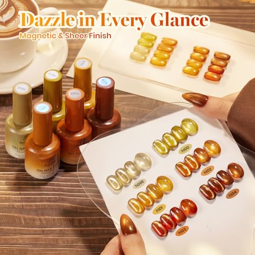 Image of Beetles Cat Eye Gel Nail Polish Set - Falling Gold 6 Colors 15ML Full Size Glitter Gel Polish Kit Gold Brown Orange Glass Cat Eye Magnetic Effect Soak Off UV Nail Art DIY Salon at Home Gift for Women