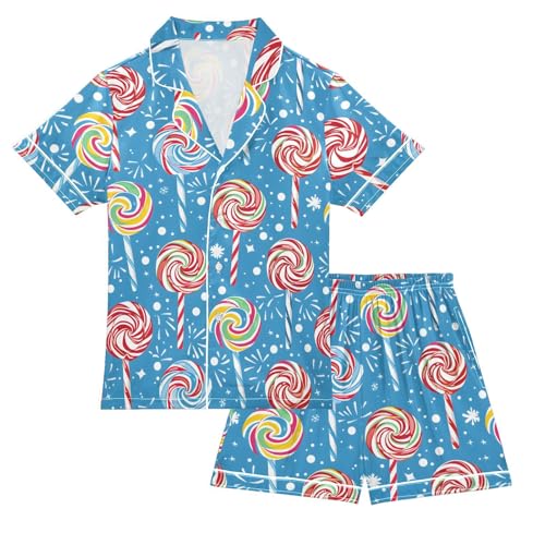 ALAZA Colorful Lollipop Rainbow Blue Satin Pajamas Set Short Sleeve Button Down Sleepwear Summer Pjs 2 Piece