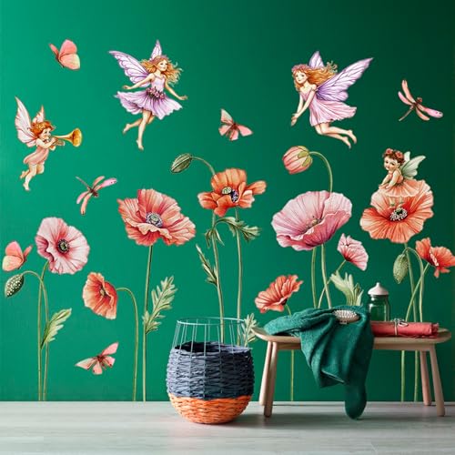 Vinilos Decorativos Flores Rosas con Hadas y Mariposas