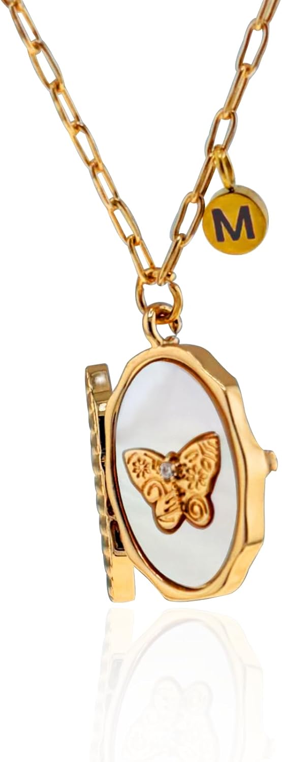 Dainty 14K Gold Butterfly Shell Locket Necklace with Initial Charm Paperclip Chain Personalized Gift for Women