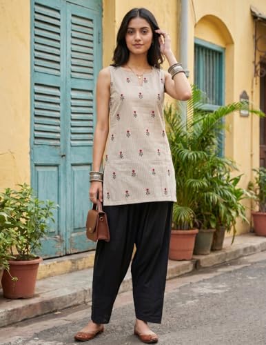 Image of Youthnic Women's Cotton Embroidered And Stripes Work Summer Wear Straight Kurti With farshi Salwar | Co Ord Set for Women Stylish | Office wear Kurta Set