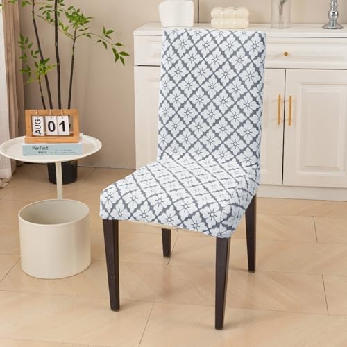 Image of HOMETHREADS Stretchable Elastic Jacquard Chair Seat Cover | Removable, Washable & Durable Chair Protector | Ideal for Dining Room, Kitchen, Restaurant & Party Chairs (F Grey, Pack of 1)