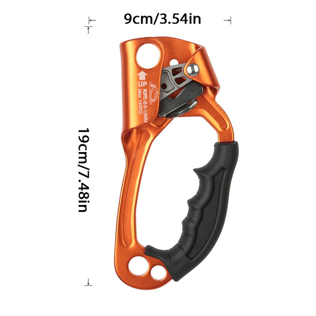 Mano Rock Climbing Ascender con fori appesi Rappelling Gear con molla elastica in lega 8-12mm Corda per Emergenza Arancione Destra