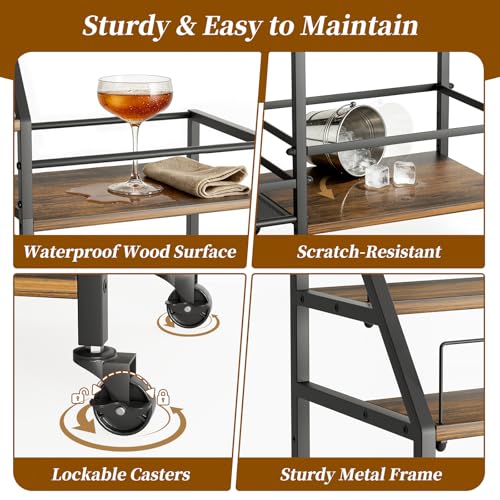 Image of VINAEMO Rolling Bar Cart with Wine Glass Holder, Bar Carts for The Home, Bar Stand for Home, Small Mini Bar for Whiskey Wine, Liquor Cart for Home Bar, Alcohol Cabinet for Bar, Kitchen, Dining Room