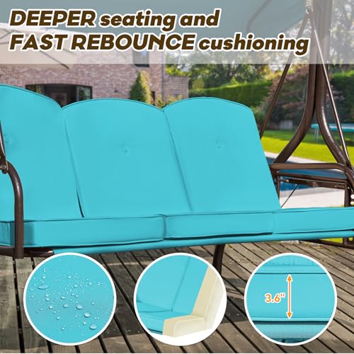 Image of 3 in 1 Outdoor Porch Swing with Adjustable Canopy, 3 Seat Outdoor Swing for Adults, Patio Swing Chair with Thickened Cushions,Pillows & Cup Holders for Backyard, Porch, Garden (Lake Blue)