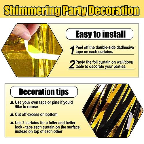 Image of 3 Pack Black Gold Foil Fringe Curtain Backdrop, 3.28Ft x 9.8Ft Metallic Tinsel Foil Fringe Streamer Curtains for Photo Booth, Christmas Day, Thanksgiving, Wedding, New Year Party Decorations