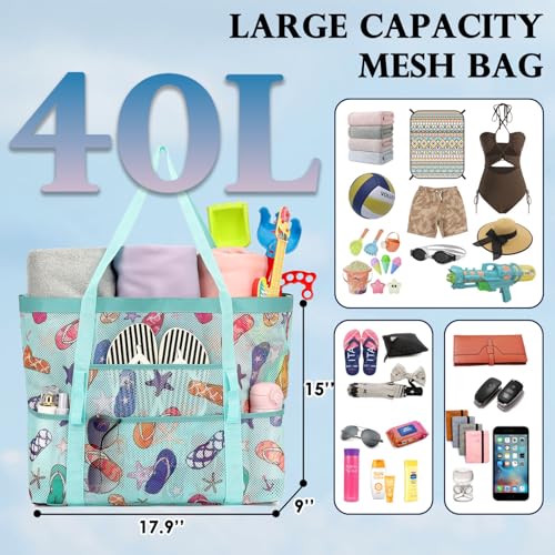 Image of Fammart Mesh Beach Bag for Women, Large Beach Toy Pool Bag with Zipper Pocket, SandProof Cruise Essentials 2026 Family Travel