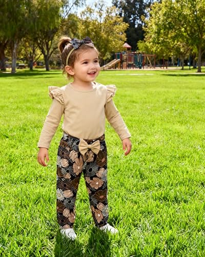 Image of SANMIO Toddler Girl Clothes Cute Ruffle Sleeve Shirt Floral Pants Headband | 3Pcs Fall Winter Outfits Kids Girls Clothing Set 1-6T