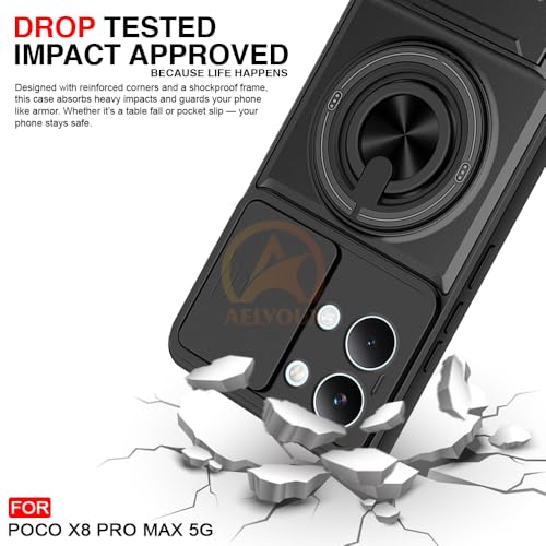 Image of Poco X8 Pro Max 5G Back Cover | Armor Camera Slider 360 Degree Rotating Finger Ring Holder Case with Bracket Stand Back Case Cover (Compatible with MagSafe Accessories) (Black)
