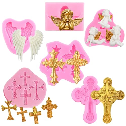 Aramola 6-Piece Silicone Mold Set for Baptism Cakes Crosses and Angel Wings Fondant Chocolate Candy Decoration