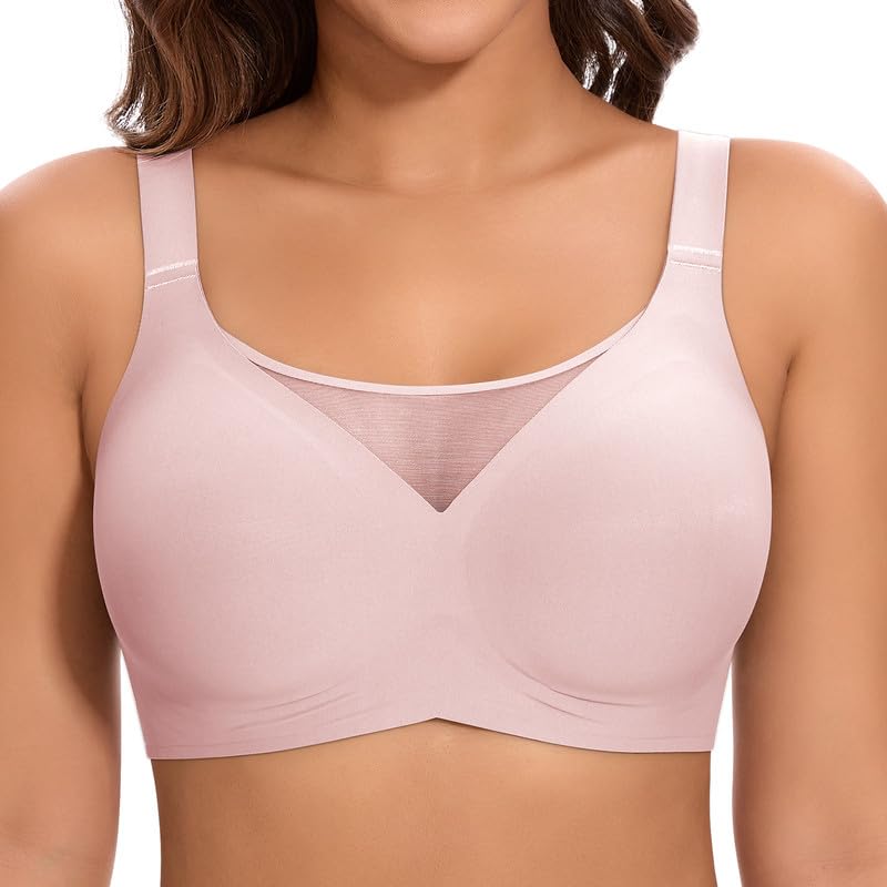 Jiuday BH Damen ohne Bügel Große Brüste Starker Halt Bügelloser Push Up Seitenträger BH Nahtloser Bequem Klassische Soft T Shirt Bra Gepolstert Mesh Bralette (Flacher V Rosa,L)