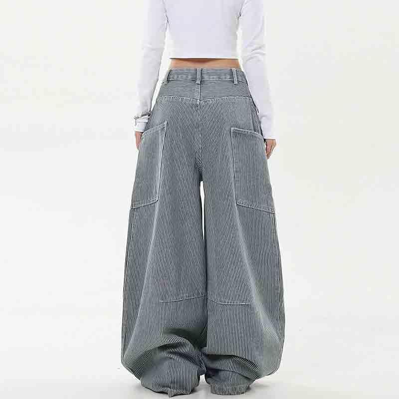 BXCNCKD Women's Retro Striped Jeans with Loose Wide Legs and Large Pockets Cargo Pants Y2K Curved Banana Jeans2