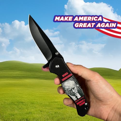 Image of PS Trump Mug Shot Stainless Steel Pocket Knife, Patriotic Everyday Carry Tool, Folding Utility Design, Belt Clip Carry Accessory, Gift and Collection Item, (Never Surrender Theme)