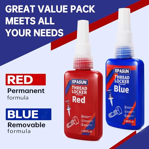EPASUN Threadlocker Blue and Red, 50mlx2 Thread Lock Medium and Strong Strength Lock Tight for Nuts, Bolts, Fasteners, and Metals to Prevent Loosening and Corrosion