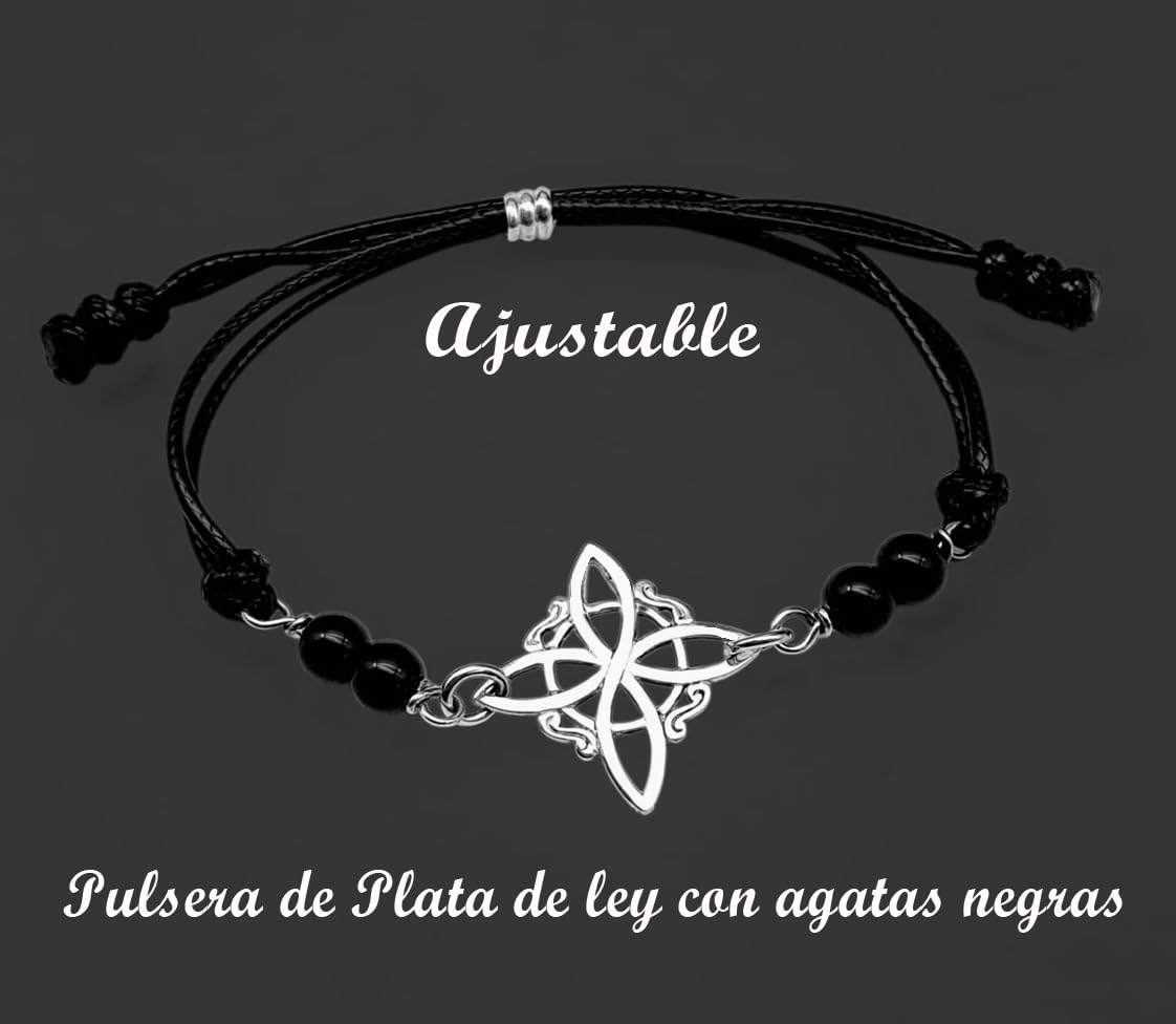 Pulsera Nudo de Bruja plata de ley con agatas negras - nudo de bruja ajustable macrame - pulsera protección - amuleto protector nudo de brujas -