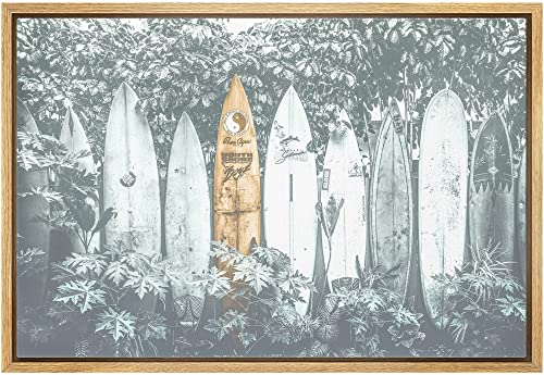 SIGNLEADER Framed Canvas Print Wall Art Surfboards Stacked Against Palm Trees Nature Ocean...