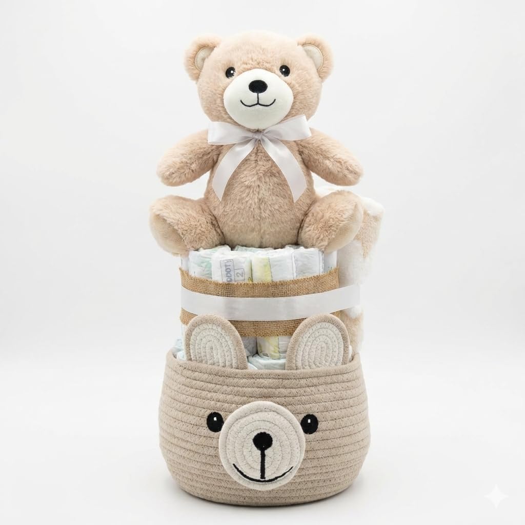Tarta Pañales para Bebé Recien Nacido con Cesta Regalo con Peluche Oso Marrón y Manta con Dedicatoria Canastilla Bebe Original Sensitive Unisex Detalle Nacimiento Baby (2 Pisos 25 Pañales Talla 2)