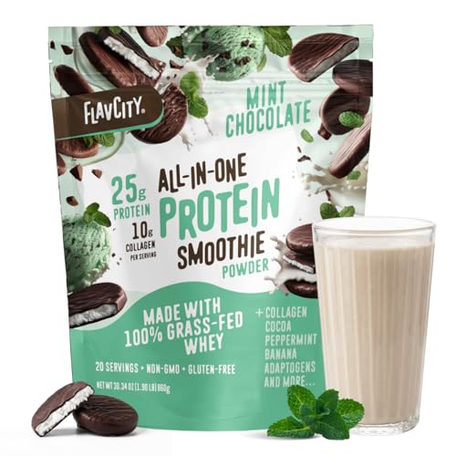 FlavCity All in One Protein Shake Powder Mint Chocolate - On the Go Meal Alternative + Collagen Peptides Reishi & Cordyceps - Focus Skin Hair & Joint Support - 100% Grass Fed Whey 20 Servings