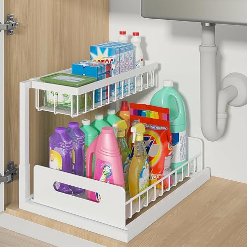 Fravnevi Under Sink Organizer, 2-Tier Pull-Out Storage Rack, Multi-Functional Organizer, Suitable for Kitchens and bathrooms (White)