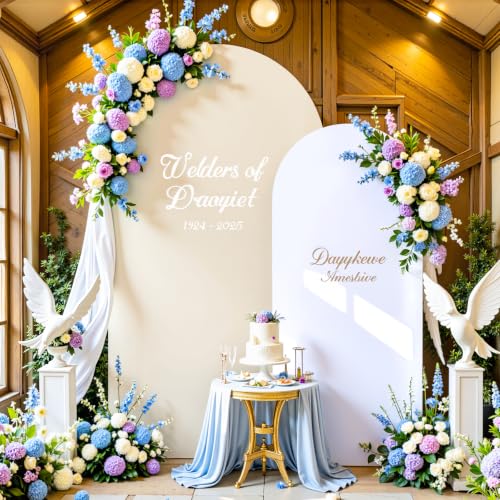 Image of Beige White Arch Backdrop Cover Set of 2 Spandex 7.2 and 6ft Arch Covers Stretchy Backdrop Boho Wedding Balloon Arch Stand Covers for Birthday Party Baby Bridal Shower Banquet Photo Arches Background