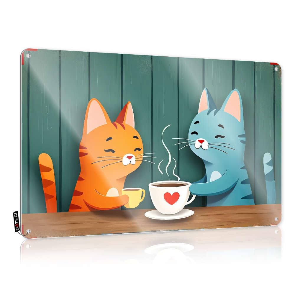 Cute Sign Rustic Wall Poster, Clock Funny Quote Design For Kitchen Garage | Gift For Chef Anti-rust Metal Two Cats Enjoying Hot Beverages(30X40CM)