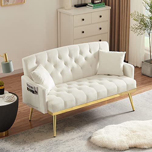 Antetek Upholstered Velvet Loveseat Sofa, Modern Small Sofa Couch With Side Pocket And Golden Metal Legs, Tufted Leisure Sofa For Living Room, Bedroom, Office, Light Beige #TOP6