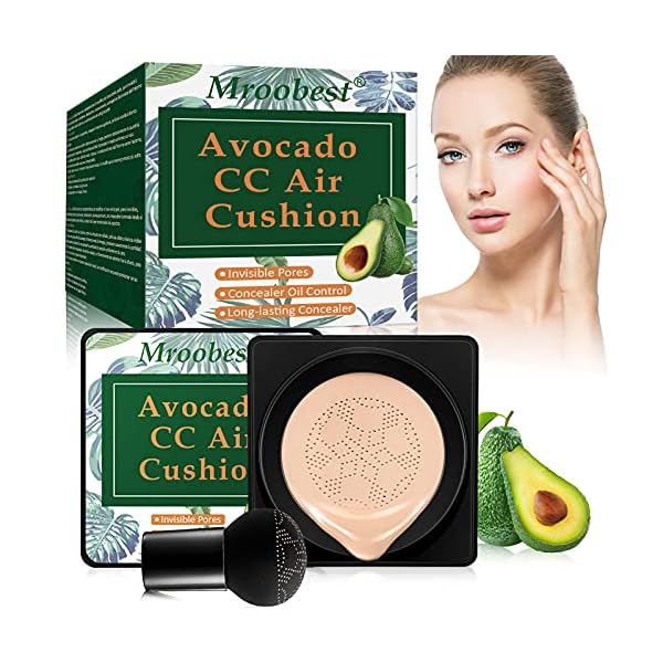 BB Mushroom Air Cushion, Avocado BB/CC Cream, All-Day Lasting Nude Foundation, Even Skin Tone Makeup Base, Easy to Apply, Thin, Moist